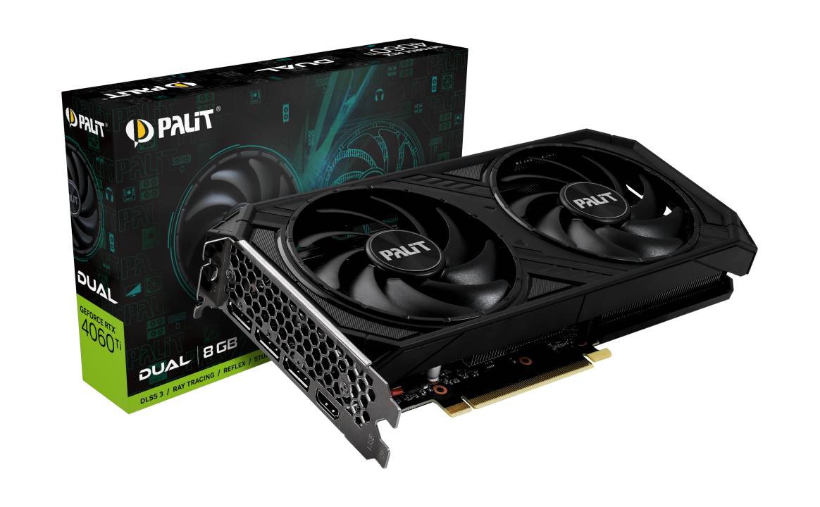 Видеокарта GeForce RTX 4060 Ti, 8Gb GDDR6 128bit, Palit Dual NE6406T019P1-1060D, RTL