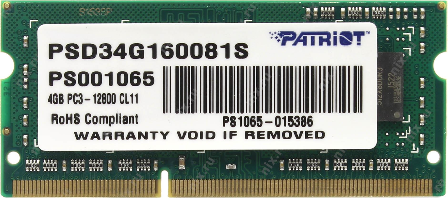 Оперативная память для ноутбука 4Gb Patriot Signature PSD34G160081S, SODIMM DDR III, PC-12800, 1600MHz, 1.5V