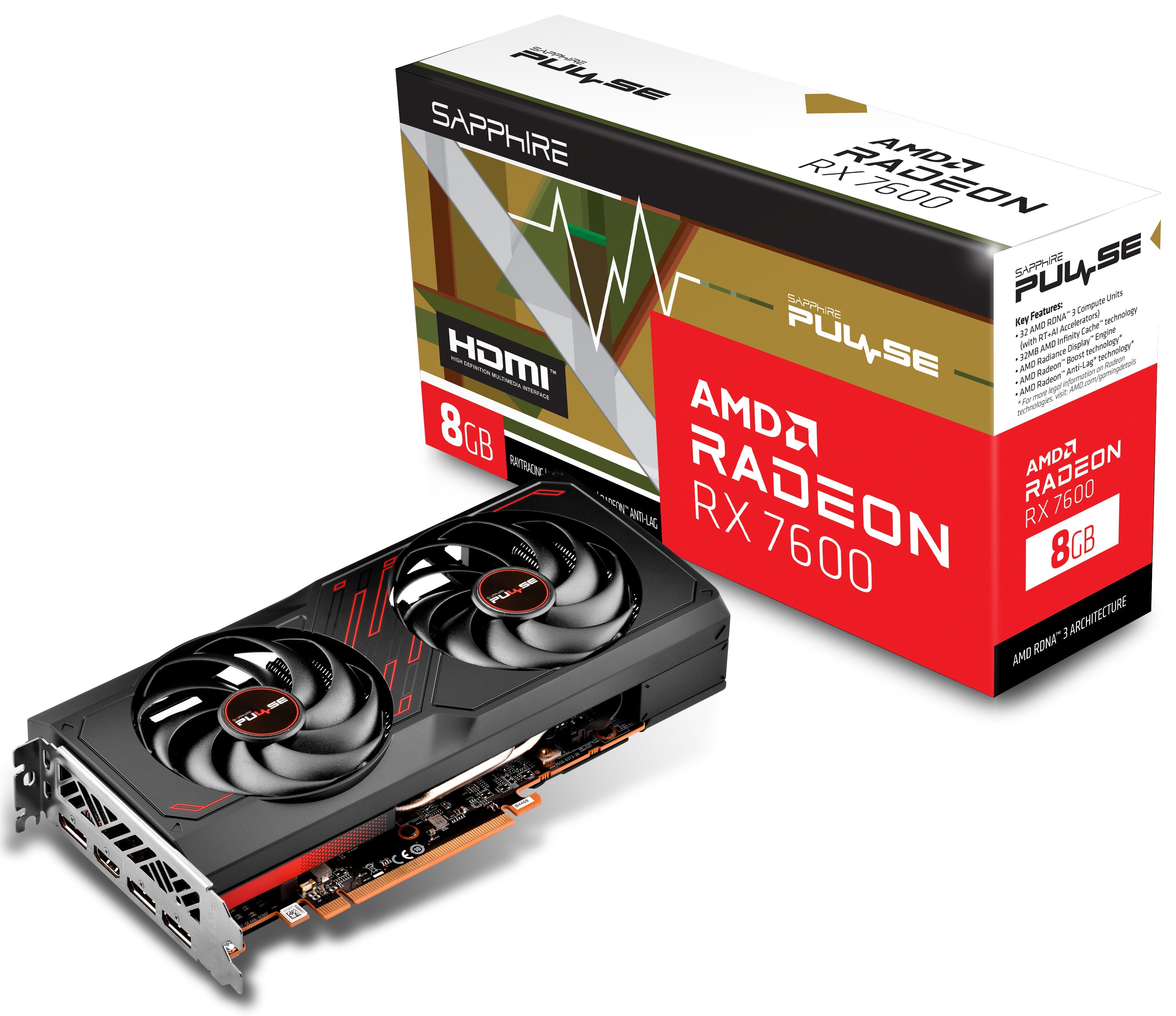 Видеокарта Radeon RX 7600, 8Gb GDDR6 128bit, Sapphire Pulse 11324-01-20G, RTL