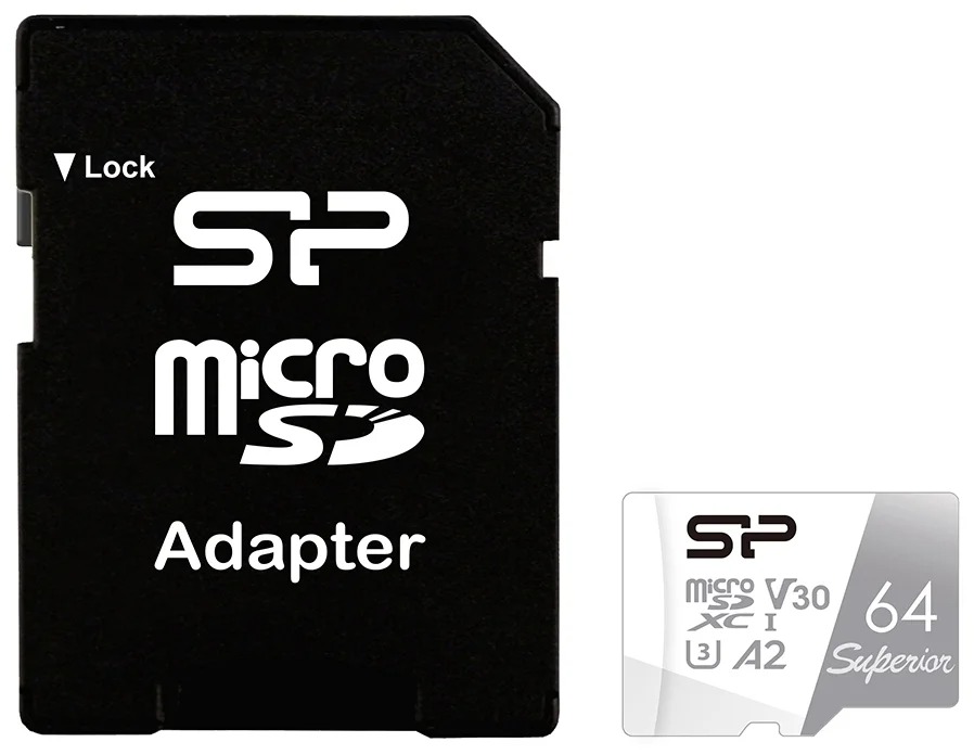 Карта памяти 64Gb Silicon Power Superior SP064GBSTXDA2V20SP, SD Micro, SDXC Class 10, UHS-I U3, адаптер