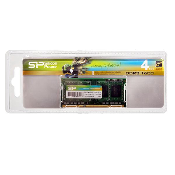 Оперативная память для ноутбука 4Gb Silicon Power SP004GBSTU160N02, SODIMM DDR III, PC-12800, 1600MHz, 1.5V