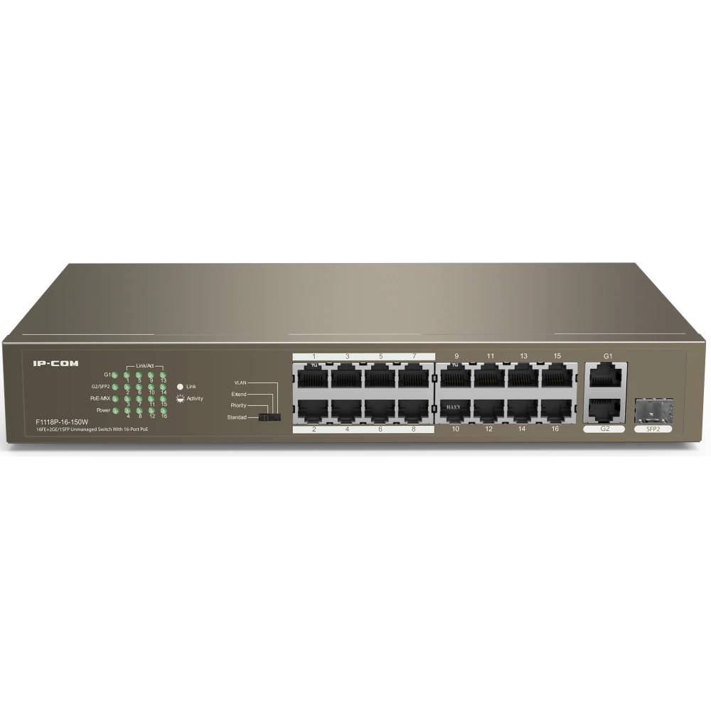 Коммутатор Tenda F1118P-16-150W, 16xLAN 100Mbps, 2xSFP 1Gbps, PoE