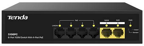 Коммутатор Tenda S106PC, 4xLAN 100Mbps, 2xUplink, PoE