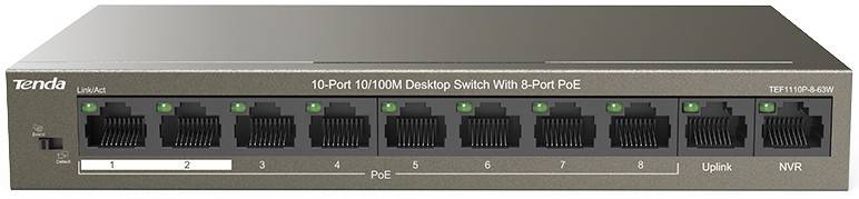 Коммутатор Tenda TEF1110P-8-63W, 8xLAN 100Mbps, 2xUplink 100Mbps, PoE
