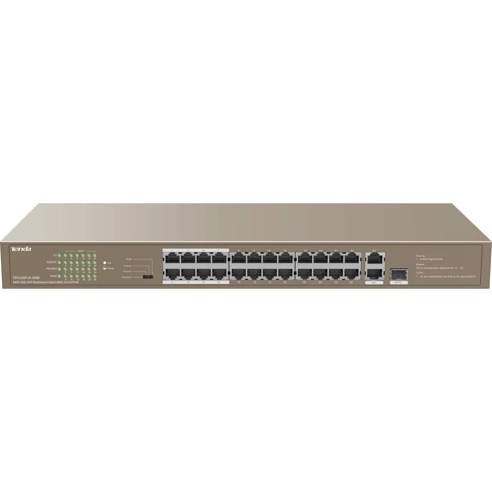 Коммутатор Tenda TEF1126P-24-250W, 24xLAN 100Mbps, 2xLAN 1Gbps, 1xSFP, PoE