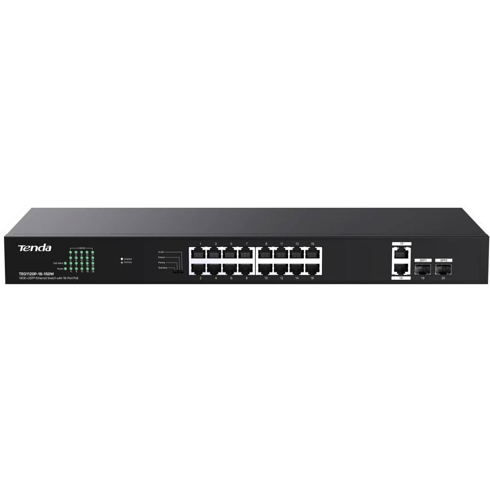 Коммутатор Tenda TEG1120P-16-150W, 18xLAN 1Gbps, 2xSFP, PoE