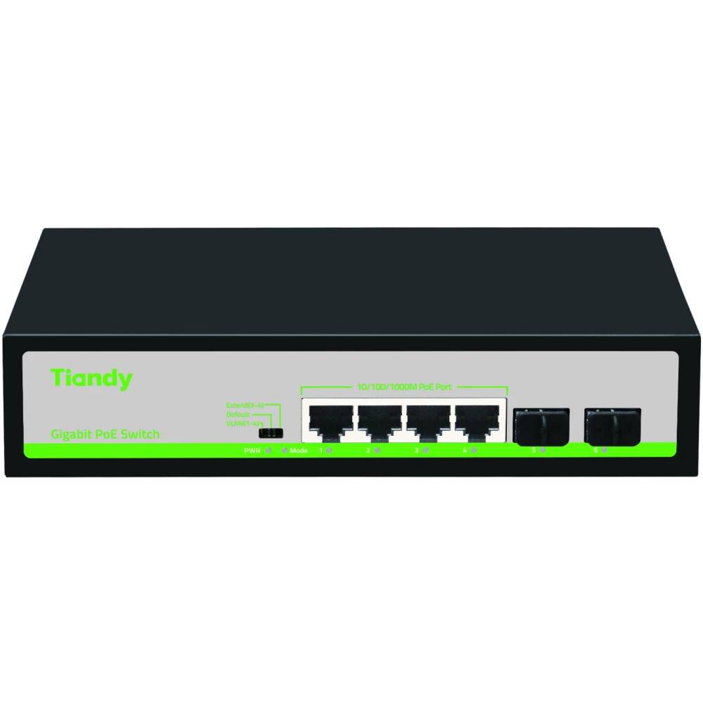Коммутатор Tiandy TC-P3S06 (H/0402/AT/60), 4xLAN 100Mbps, 2xSFP, PoE