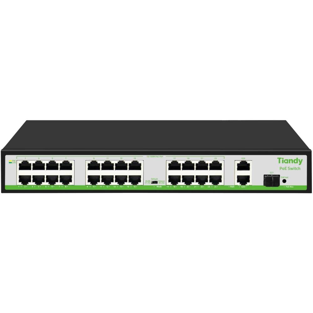 Коммутатор Tiandy TC-P3S027 (H/2421/AT/260), 24xLAN 100Mbps, 2xSFP, PoE