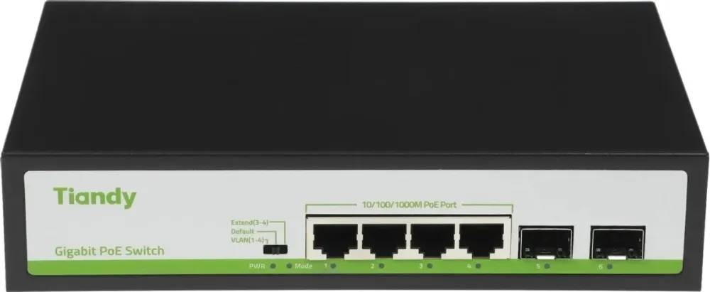 Коммутатор Tiandy TC-P3S06 (H/0402/AT/60/V2.0), 4xLAN 1Gbps, 2xSFP, PoE