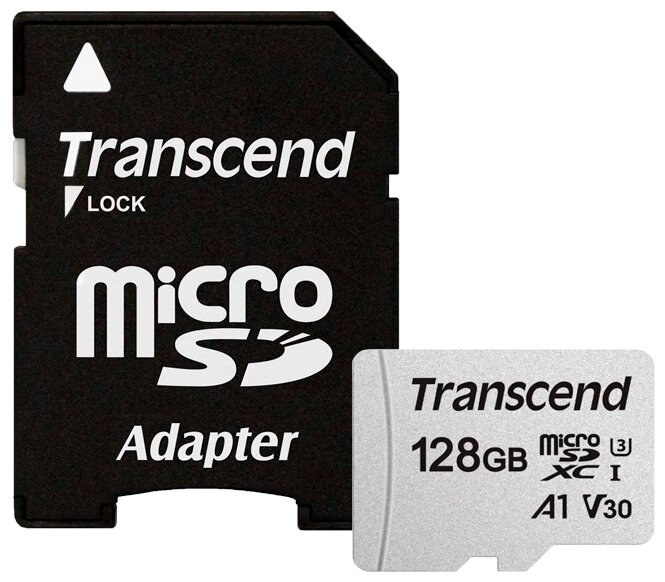 Карта памяти 128Gb Transcend 300S TS128GUSD300S-A, SD Micro, SDXC, Class10, UHS-I U3 + адаптер