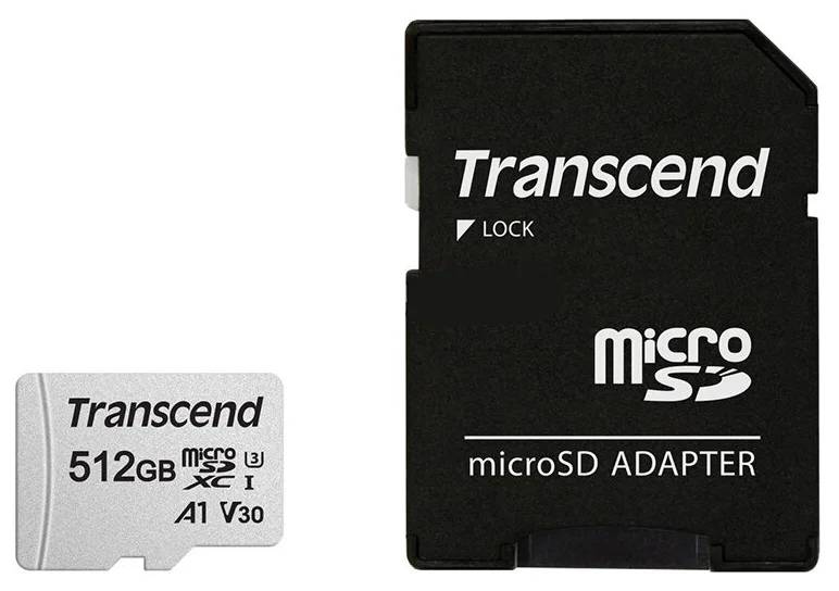 Карта памяти 512Gb Transcend 300S TS512GUSD300S-A, SDXC Class 10, UHS-I U3 + адаптер