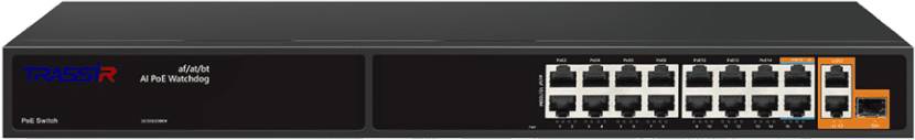 Коммутатор Trassir TR-NS11191S-285-16PoE, 15xLAN 100Mbps, 3xLAN 1Gbps, 1xSFP 1Gbps, PoE