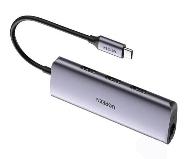 Разветвитель USB Ugreen CM252 60718, USB Type-C - 3xUSB3.0, LAN, CR, серый