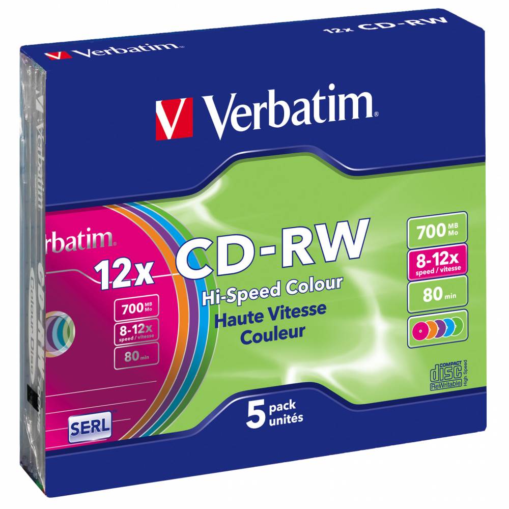 CD-RW disk 12x/700Mb Verbatim Slim Color 5шт SlimCase 43167