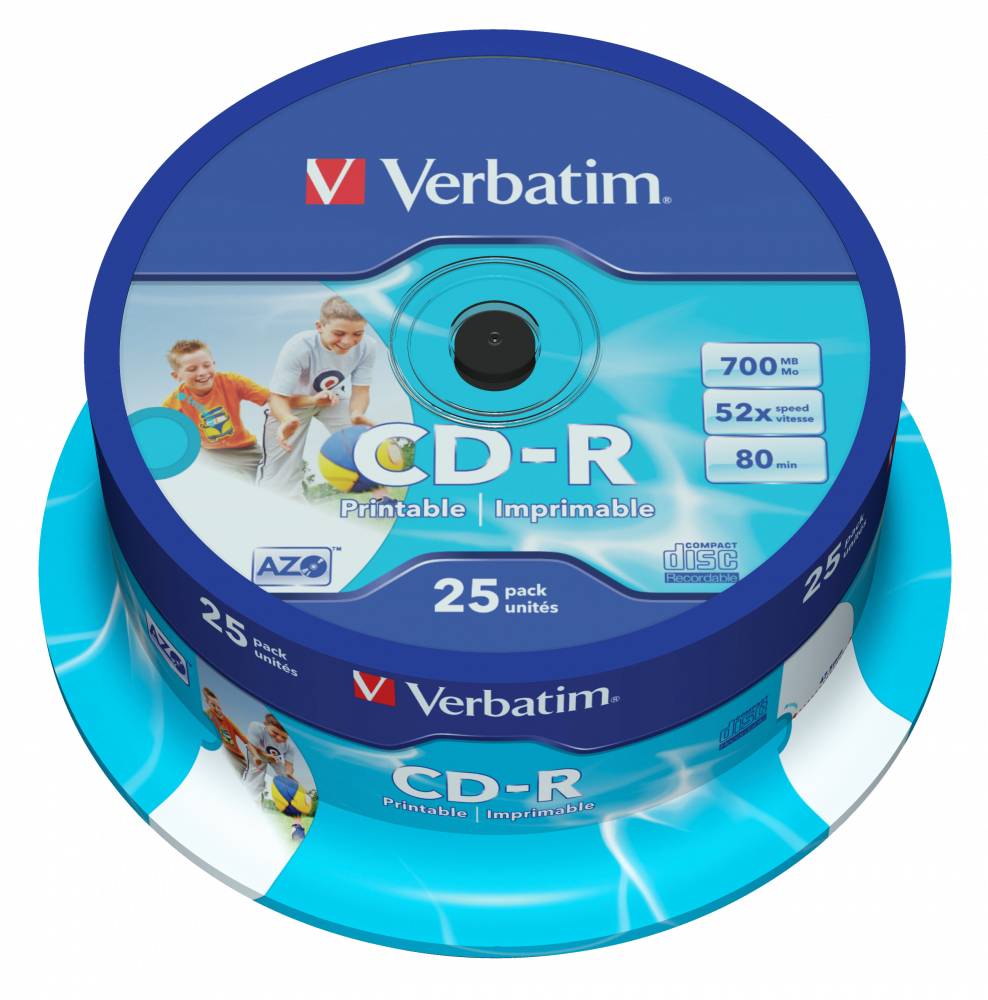 CD-R disk 52x/700Mb Verbatim Printable 25шт CakeBox 43439