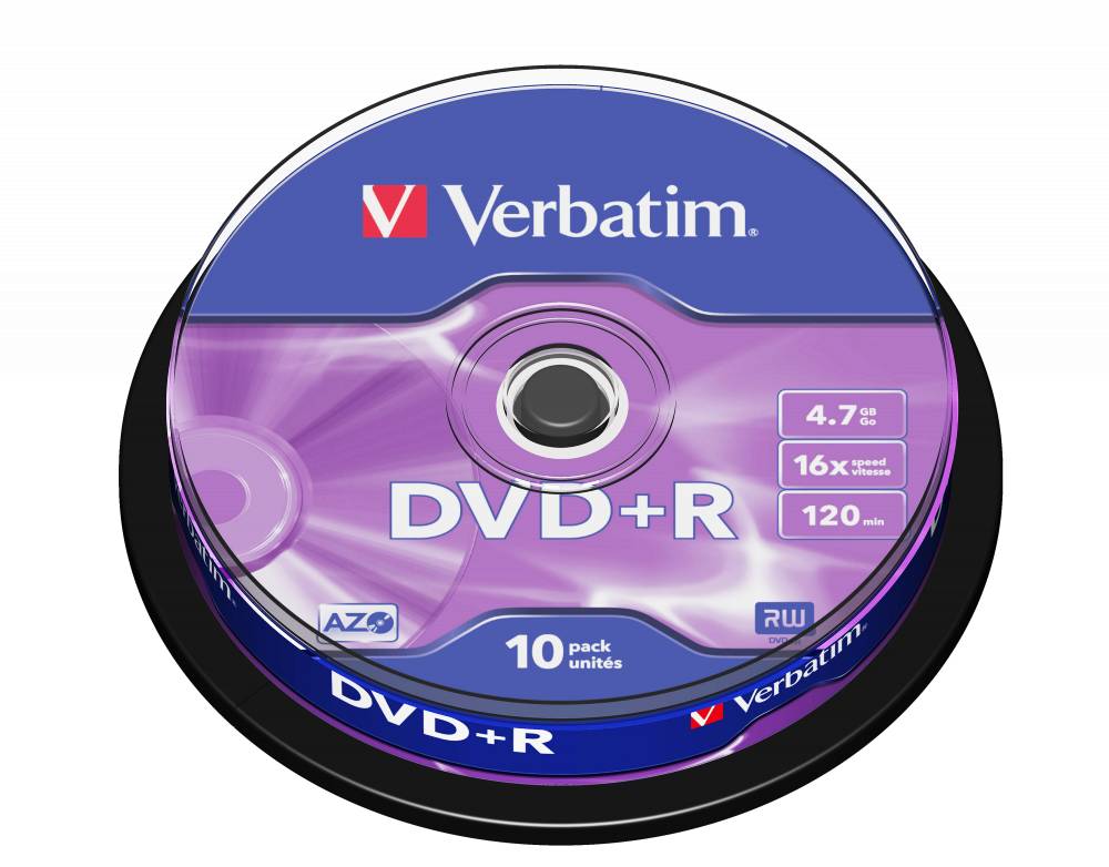 DVD+R disk 16x/4.7Gb Verbatim DLP Matt Silver 10шт CakeBox 43498