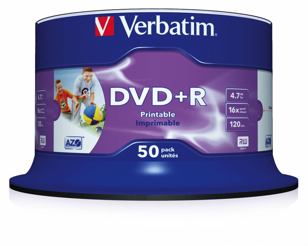 DVD+R disk 16x/4.7Gb Verbatim Wide Inkjet Printable 50шт CakeBox 43512