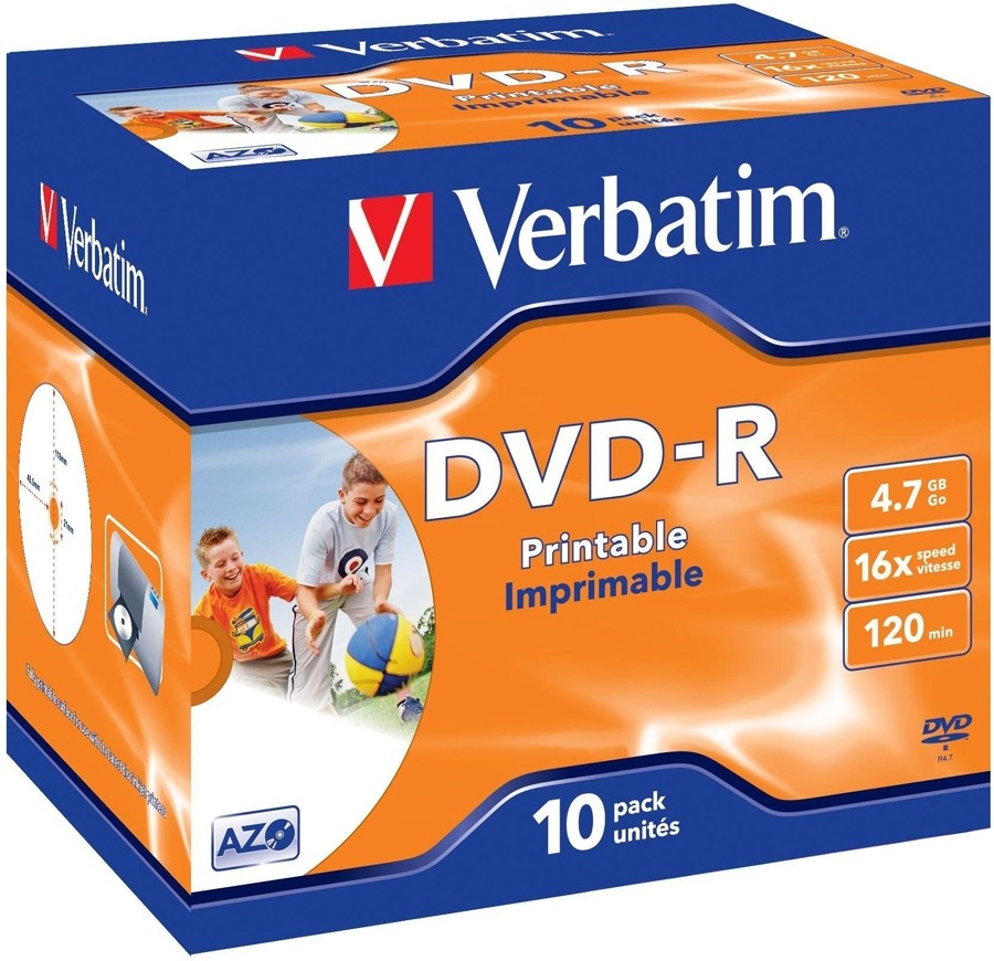 DVD-R disk 16x/4.7Gb Verbatim Printable 10шт Jewel case 43521