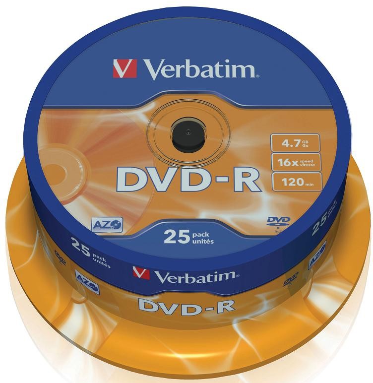 DVD-R disk 16x/4.7Gb Verbatim 25шт Cake Box 43522