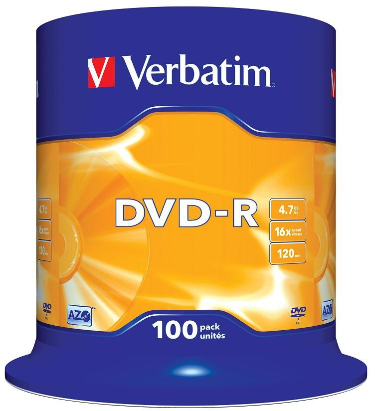 DVD-R disk 16x/4.7Gb Verbatim 100шт Cake Box 43549