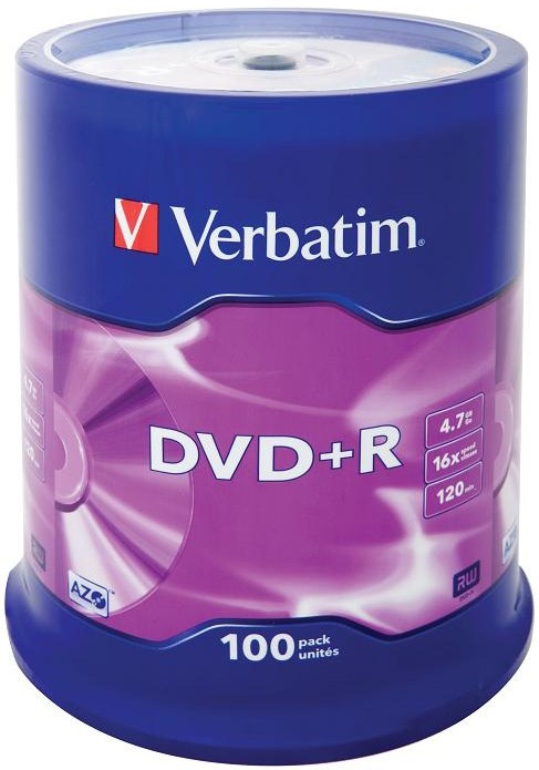 DVD+R disk 16x/4.7Gb Verbatim 100шт Cake Box 43551