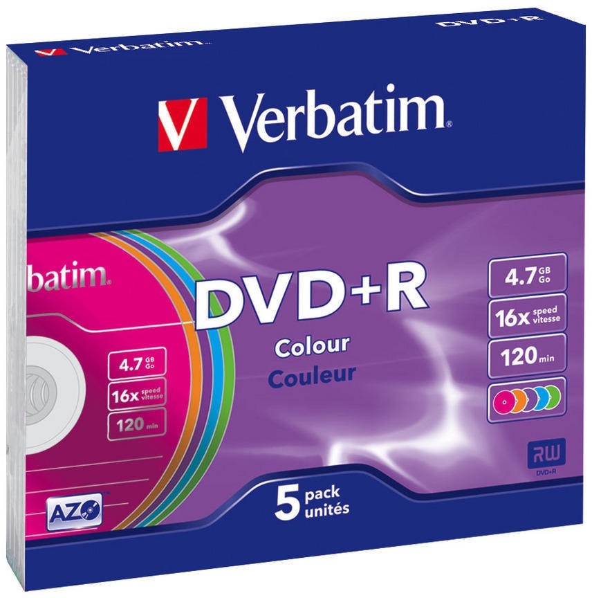 DVD+R disk 16x/4.7Gb Verbatim Color 5шт Slim case 43556