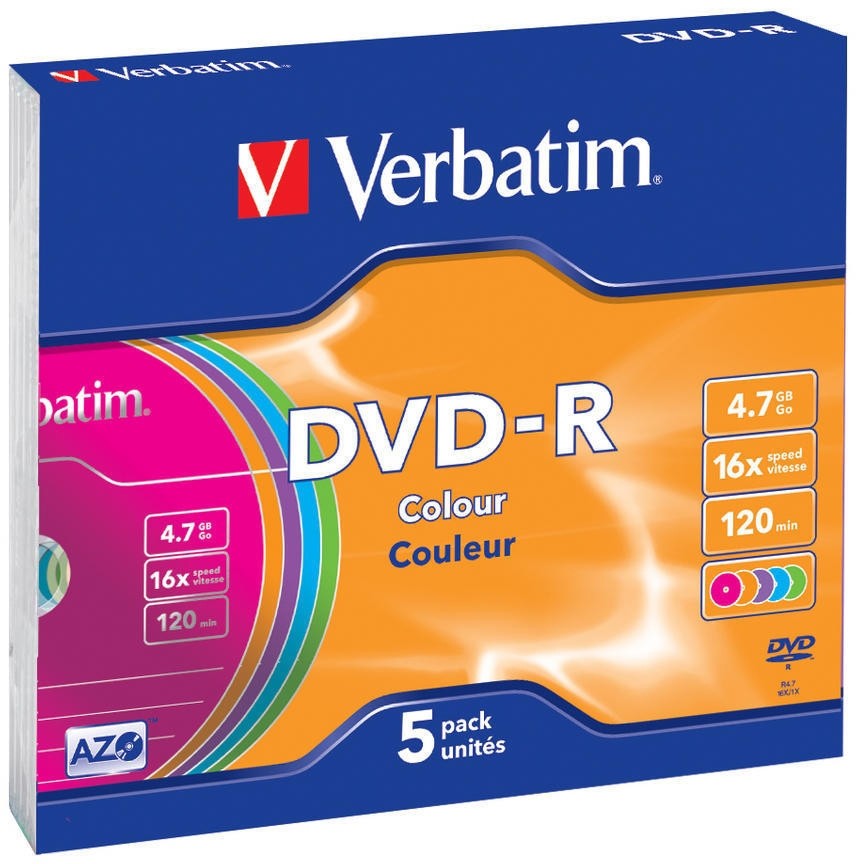 DVD-R disk 16x/4.7Gb Verbatim Color 5шт SlimCase 43557