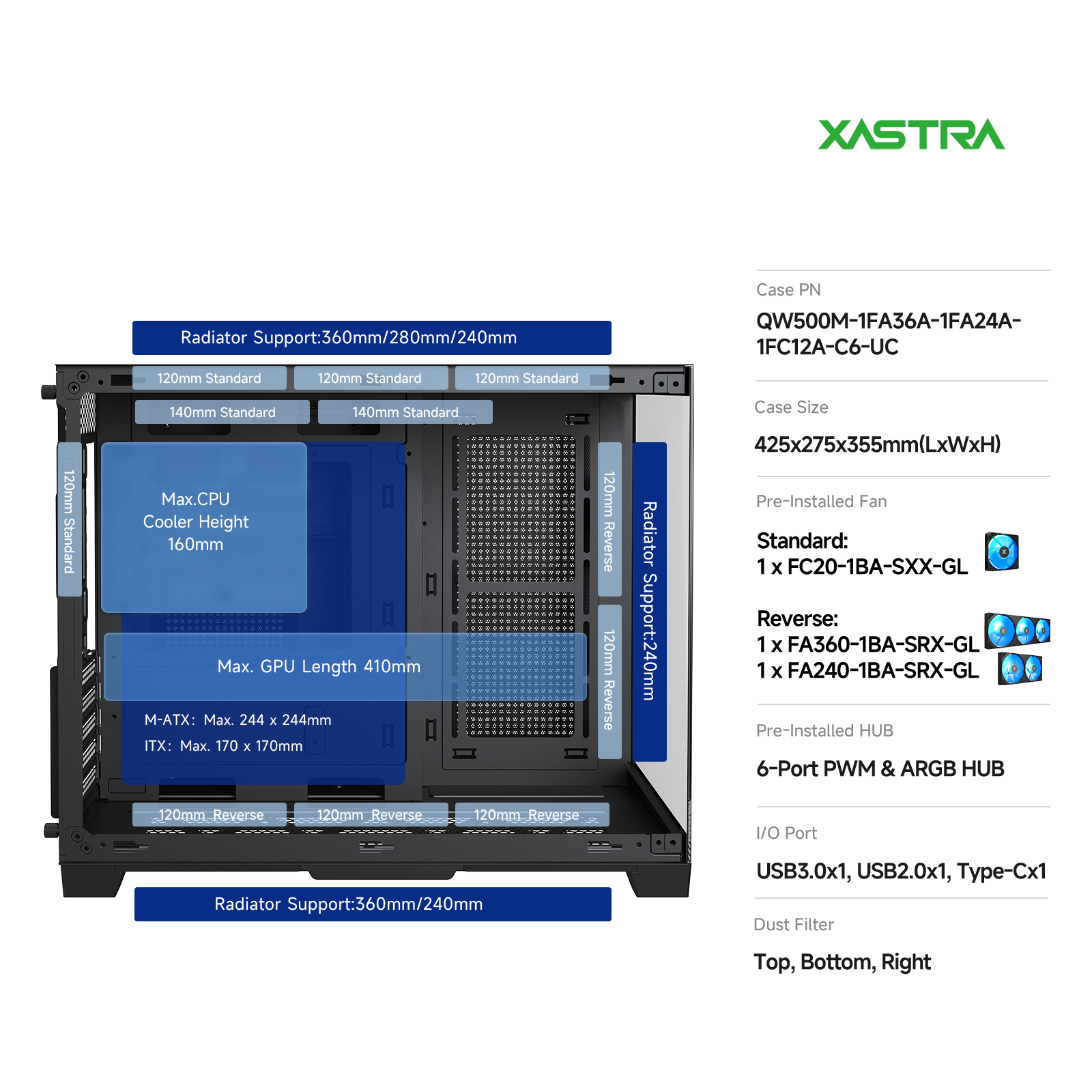 Корпус XASTRA QW500M 6ARGB-FC-C6-UC Black (QW500M-1FA36A-1FA24A-1FC12A-C6-UC), без БП, mATX