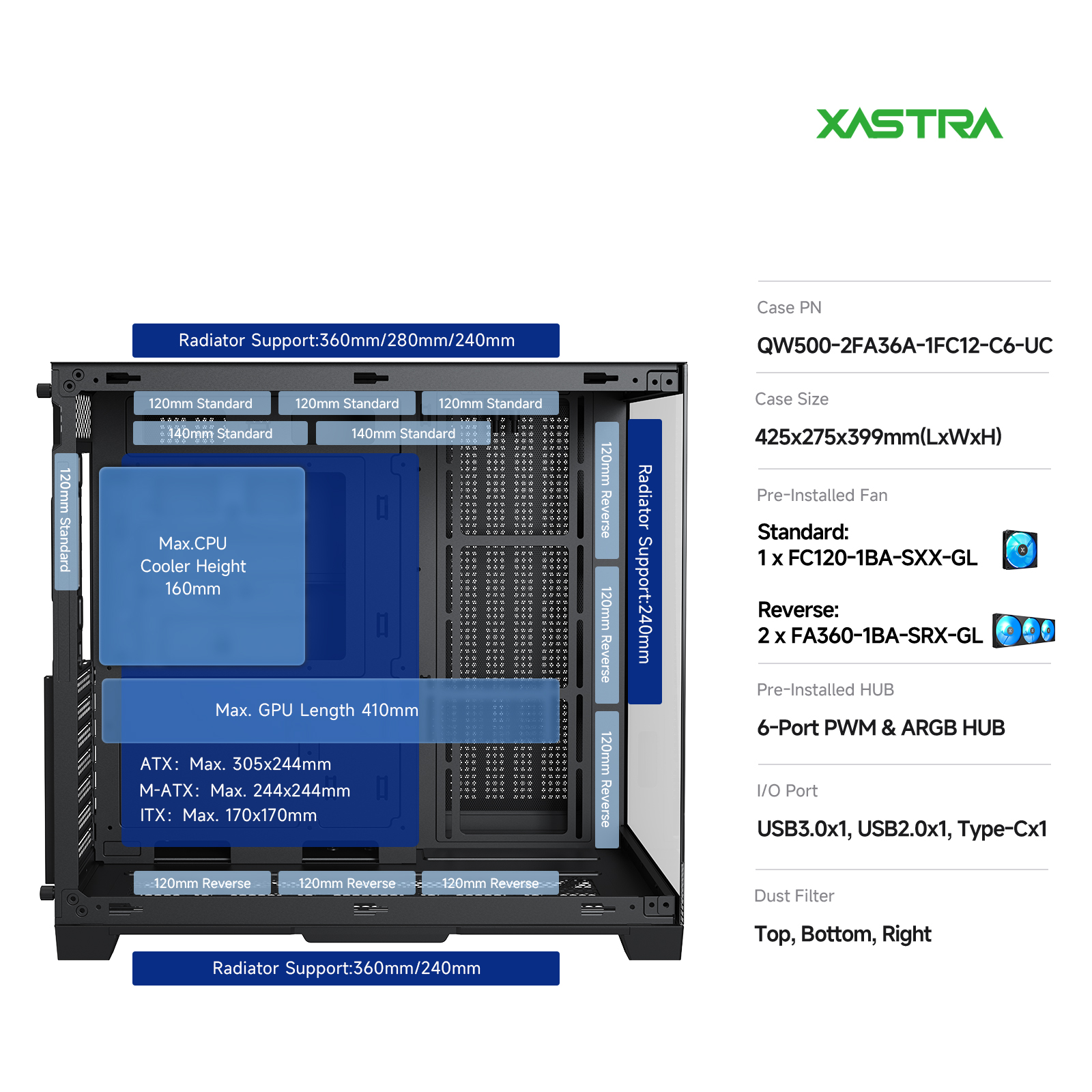 Корпус XASTRA QW500 7ARGB-FC-C6-UC Black (QW500-2FA36A-1FC12-C6-UC), без БП, ATX