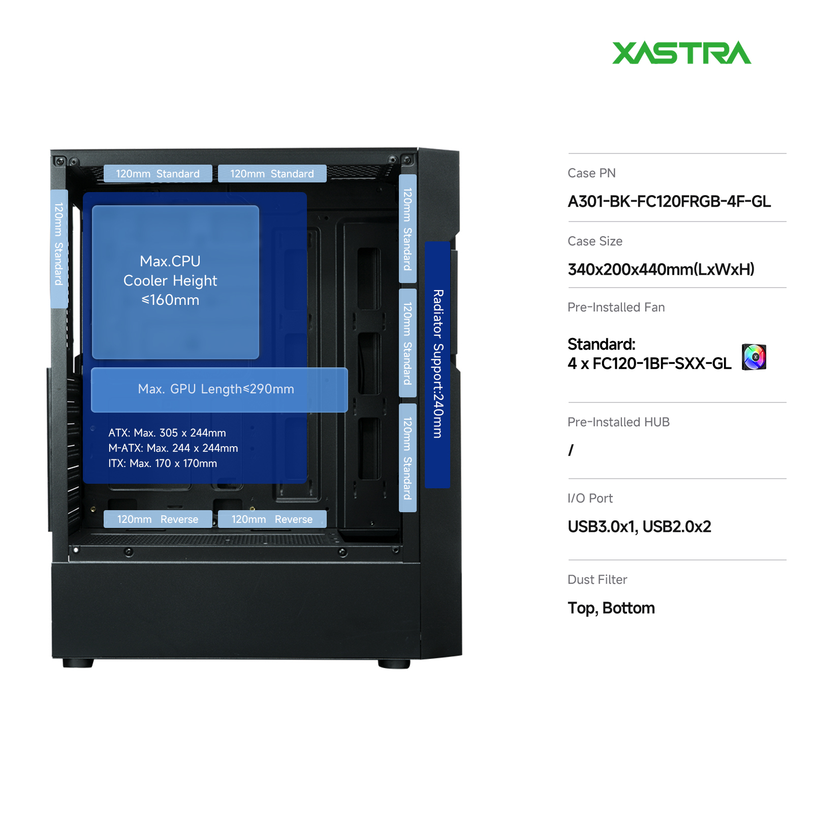 Корпус XASTRA A301 4FRGB Black (A301-BK-FC120FRGB-4F-GL), без БП, ATX