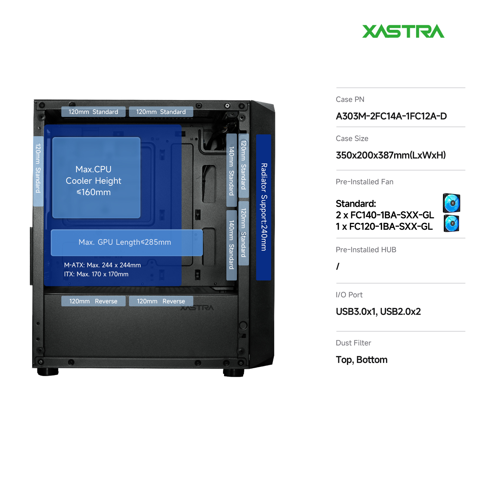 Корпус XASTRA A303M 3ARGB Black (A303M-2FC14A-1FC12A-D), без БП, mATX