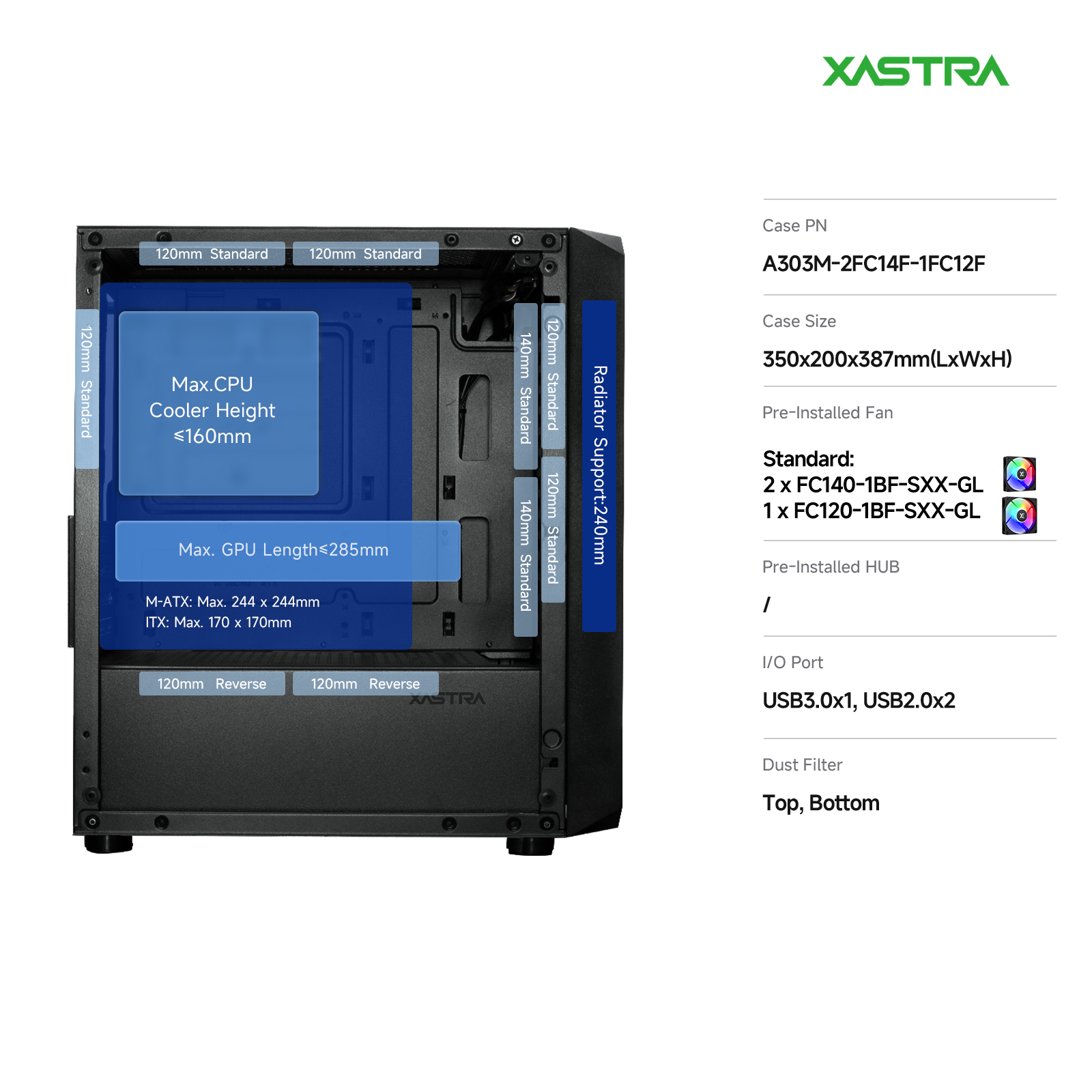 Корпус XASTRA A303M 3FRGB Black (A303M-2FC14F-1FC12F), без БП, mATX
