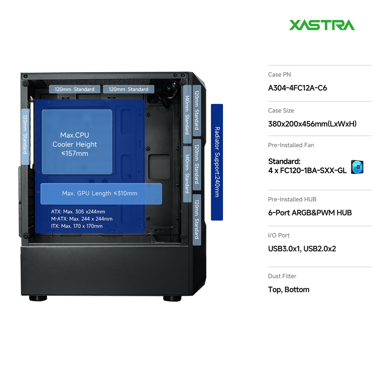 Корпус XASTRA A304 4ARGB-C6 Black (A304-4FC12A-C6), без БП, ATX