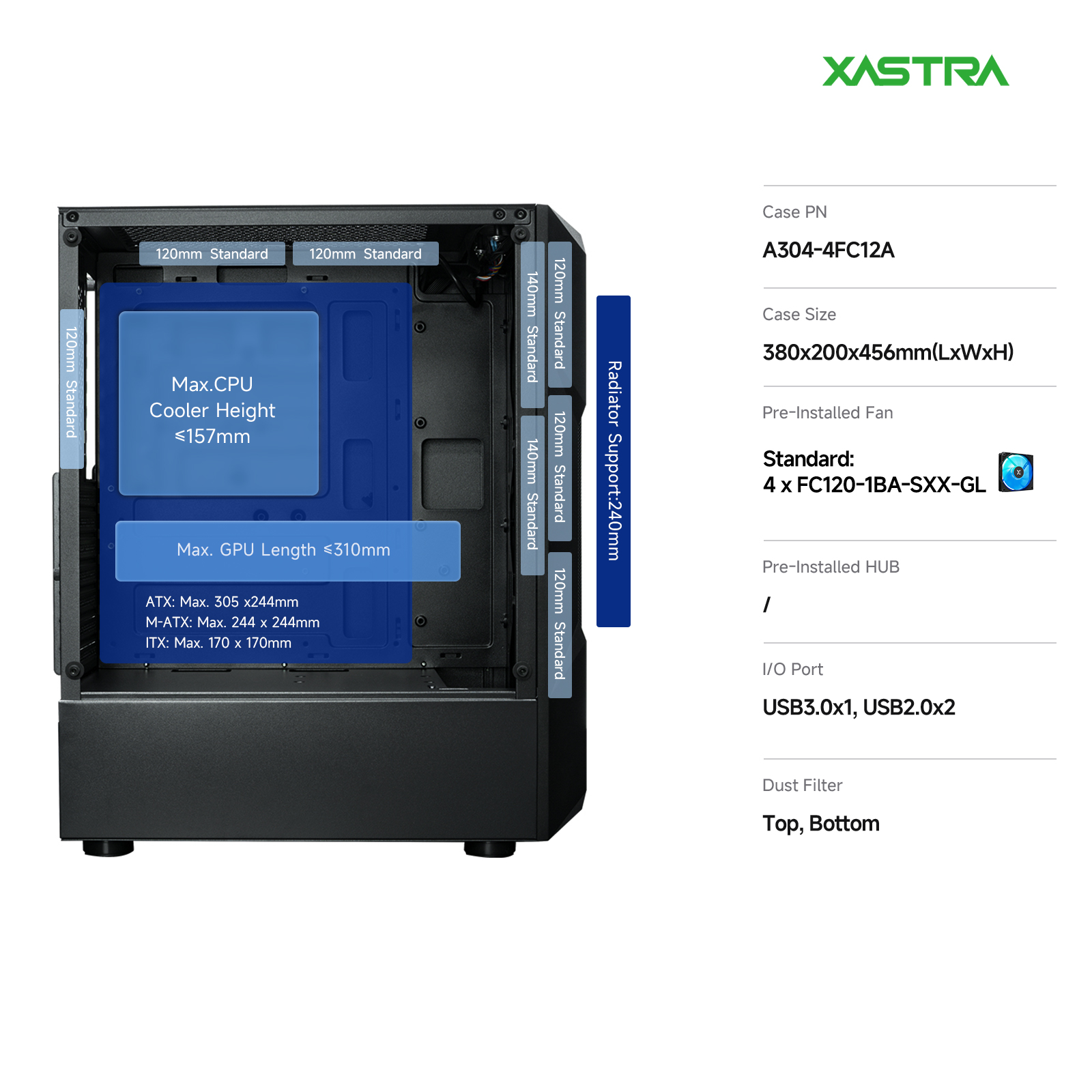 Корпус XASTRA A304 4ARGB Black (A304-4FC12A), без БП, ATX