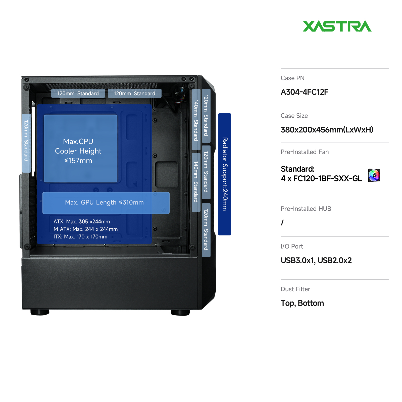 Корпус XASTRA A304 4FRGB Black (A304-4FC12F), без БП, ATX