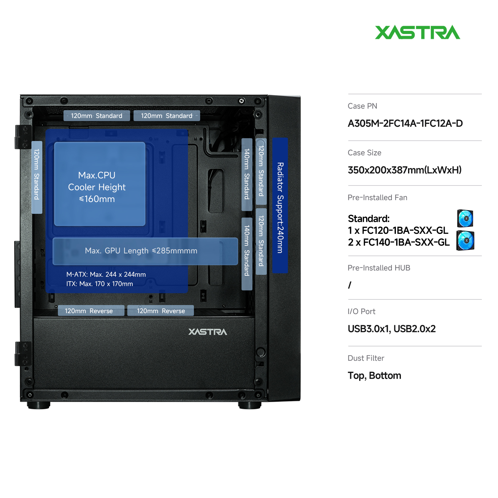 Корпус XASTRA A305M 3ARGB Black (A305M-2FC14A-1FC12A-D), без БП, mATX