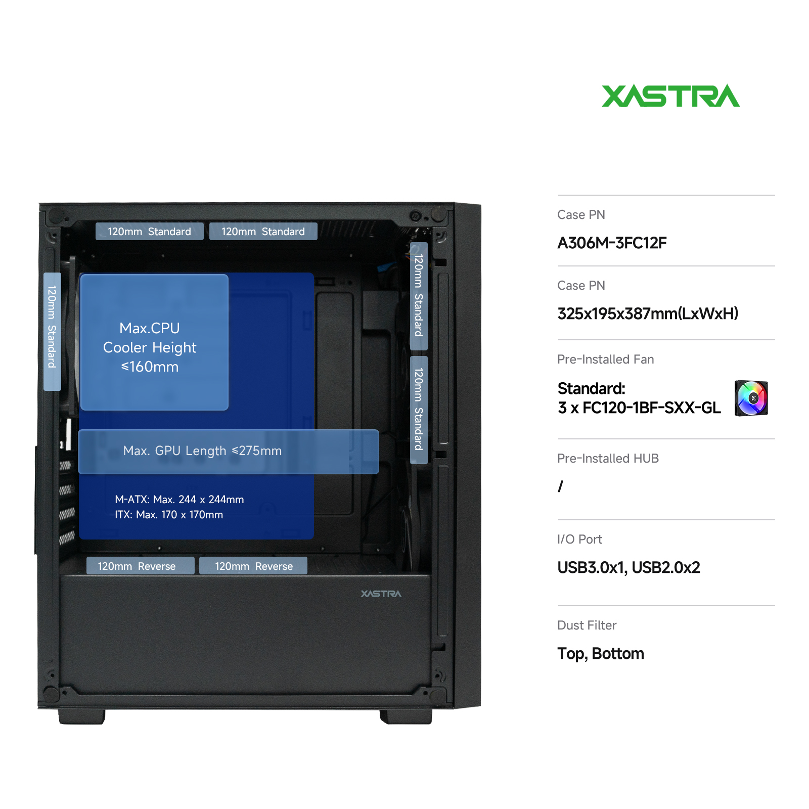 Корпус XASTRA A306M 3FRGB Black (A306M-3FC12F), без БП, mATX