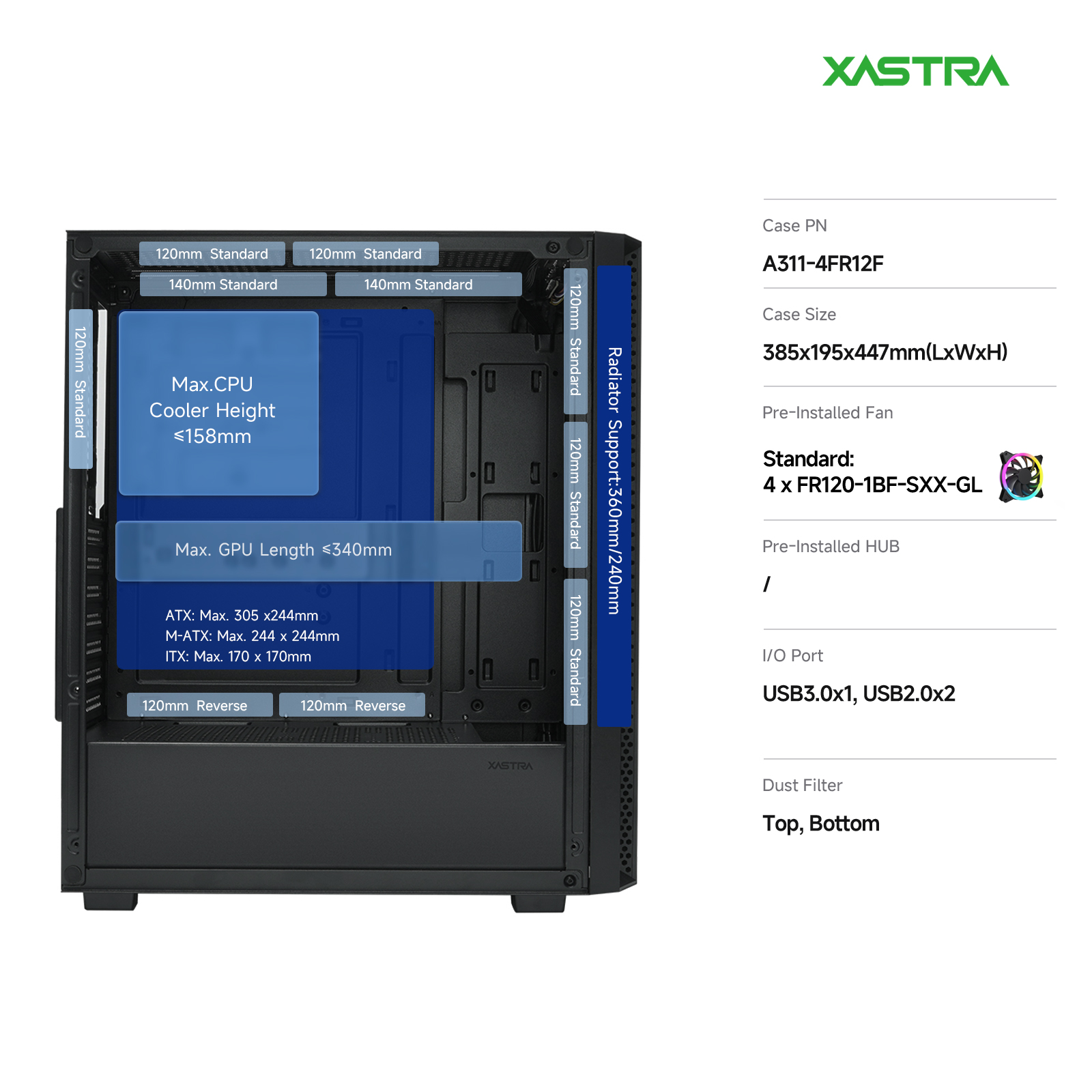 Корпус XASTRA A311 4FRGB Black (A311-4FR12F), без БП, ATX