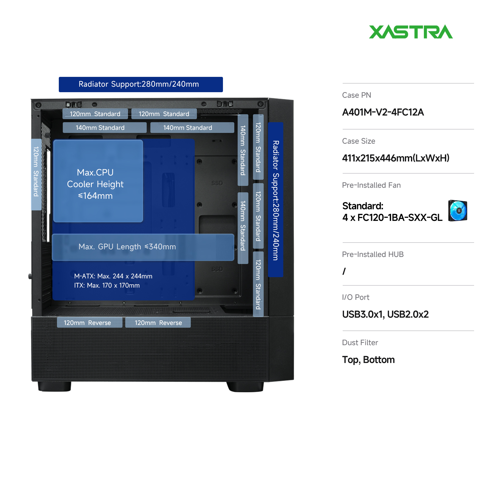 Корпус XASTRA A401M 4ARGB V2 Black (A401M-V2-4FC12A), без БП, mATX