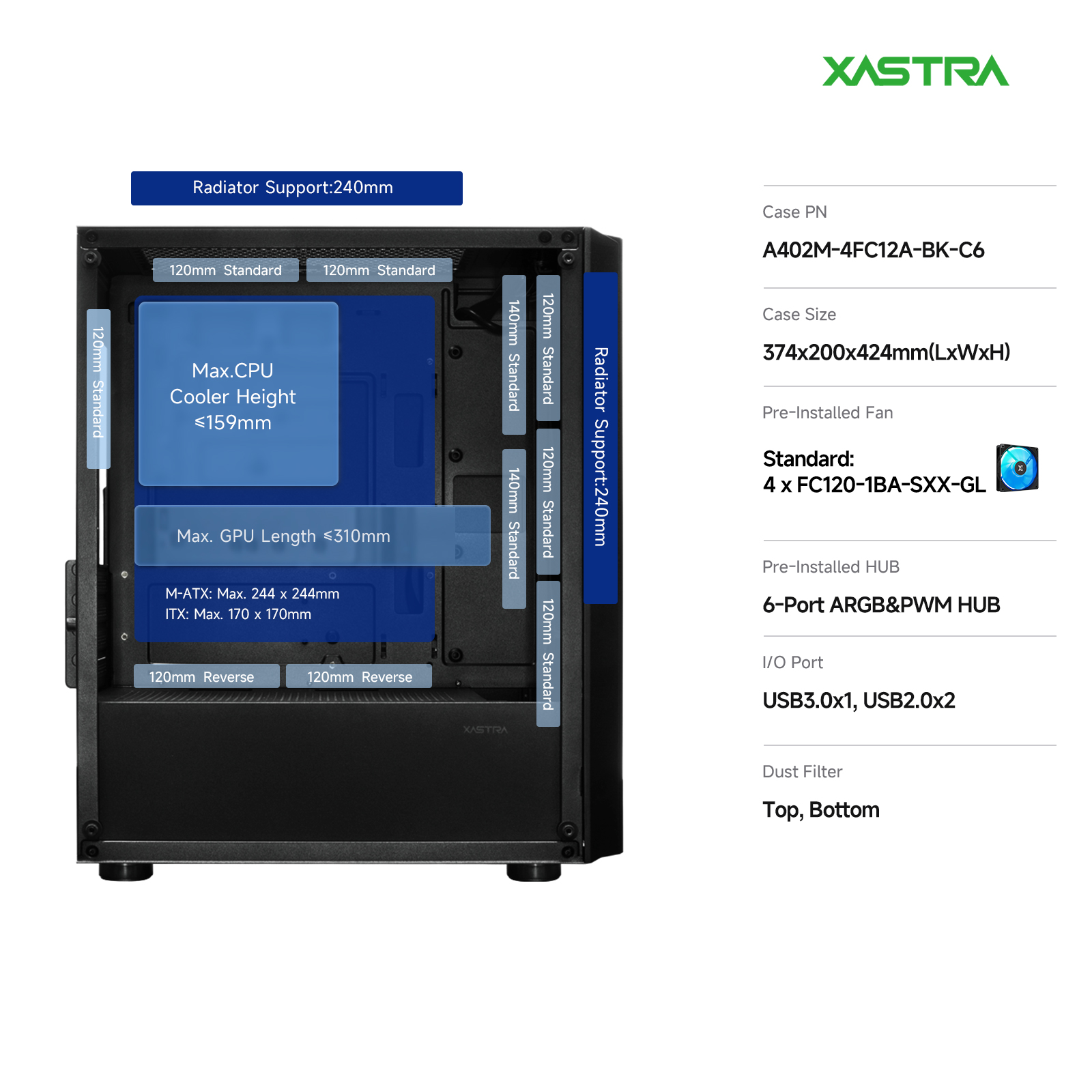 Корпус XASTRA A402M 4ARGB-C6 Black (A402M-4FC12A-BK-C6), без БП, mATX