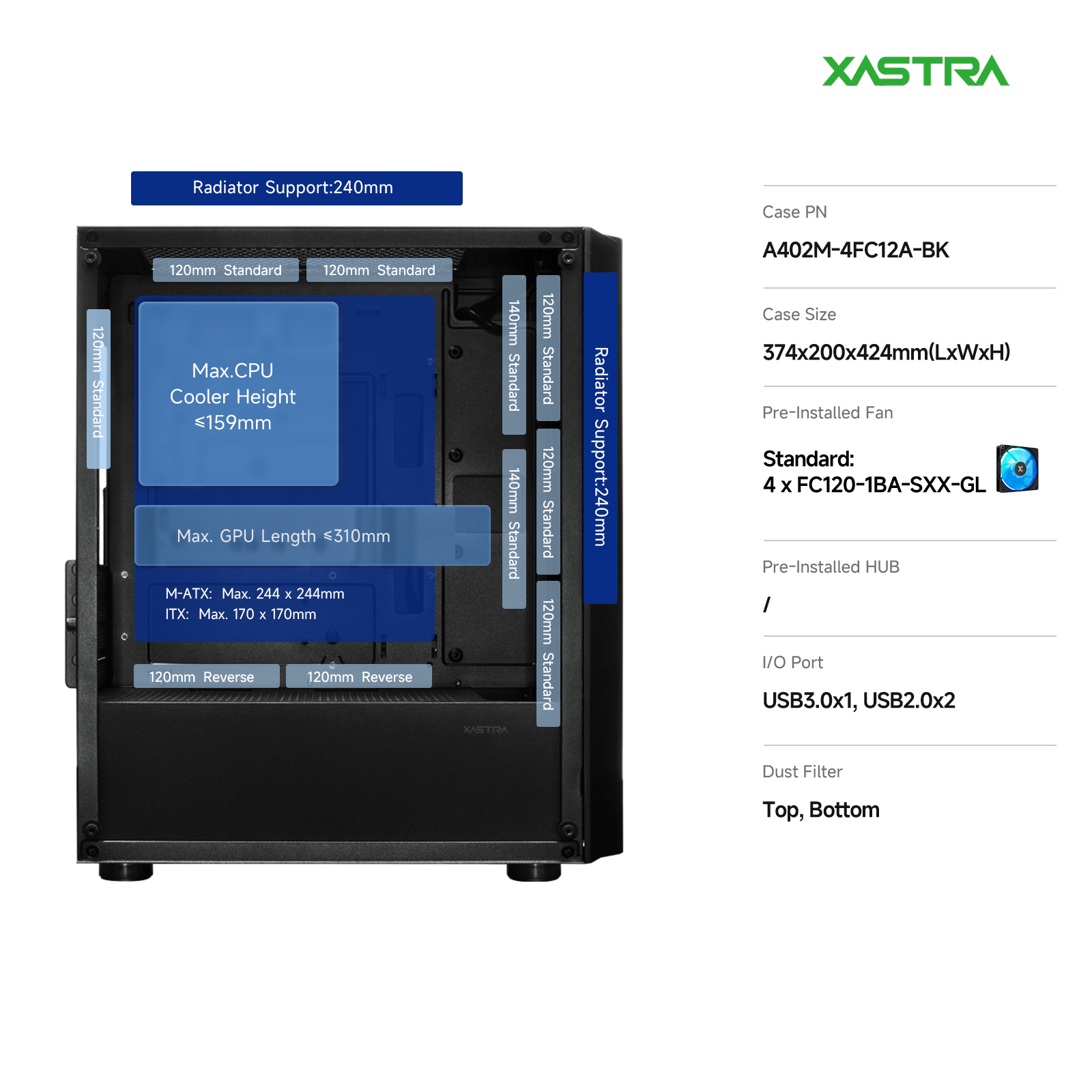 Корпус XASTRA A402M 4ARGB Black (A402M-4FC12A-BK), без БП, mATX