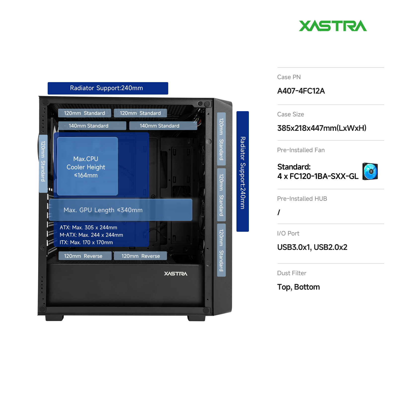 Корпус XASTRA A407 4ARGB Black (A407-4FC12A), без БП, ATX