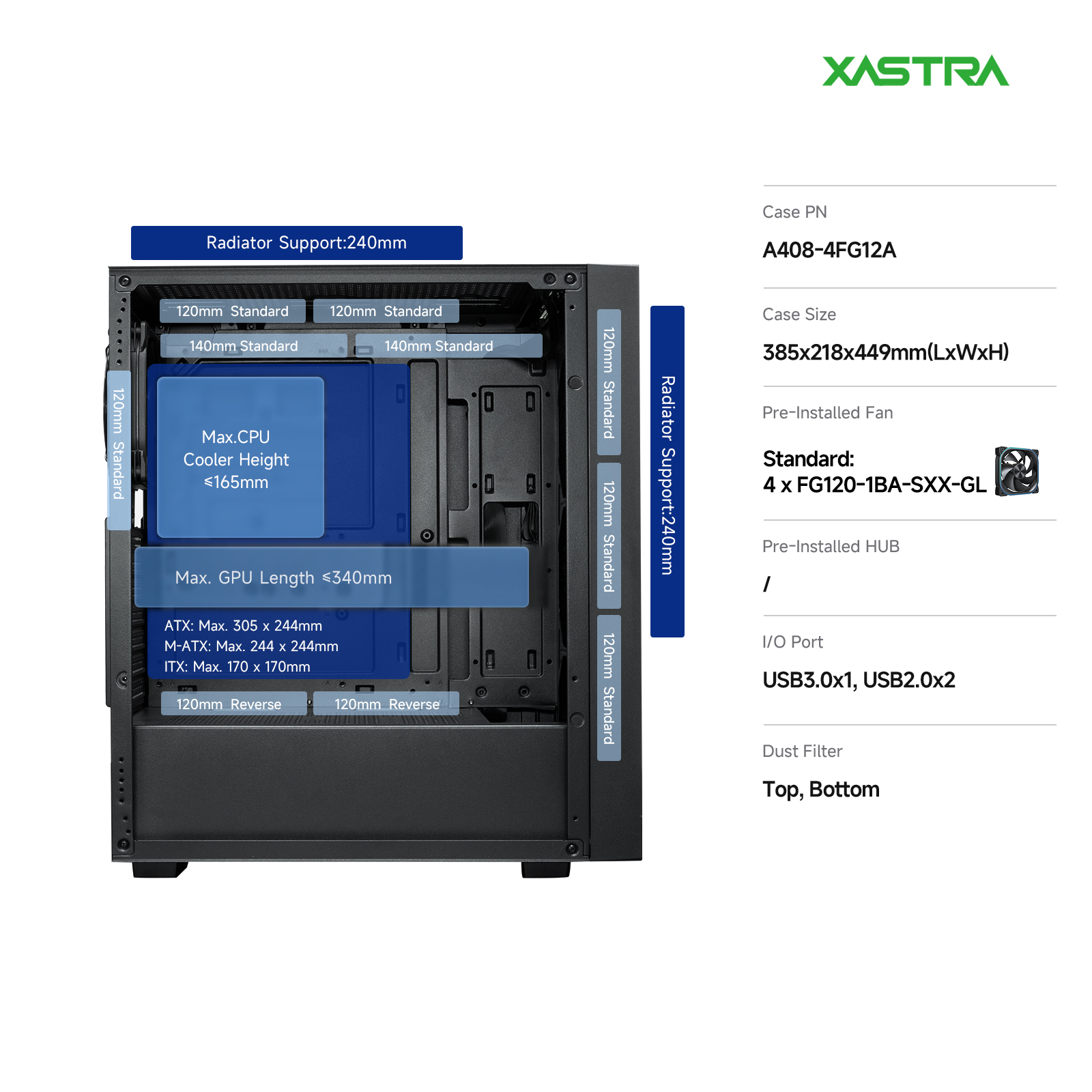 Корпус XASTRA A408 4ARGB Black (A408-4FG12A), без БП, ATX