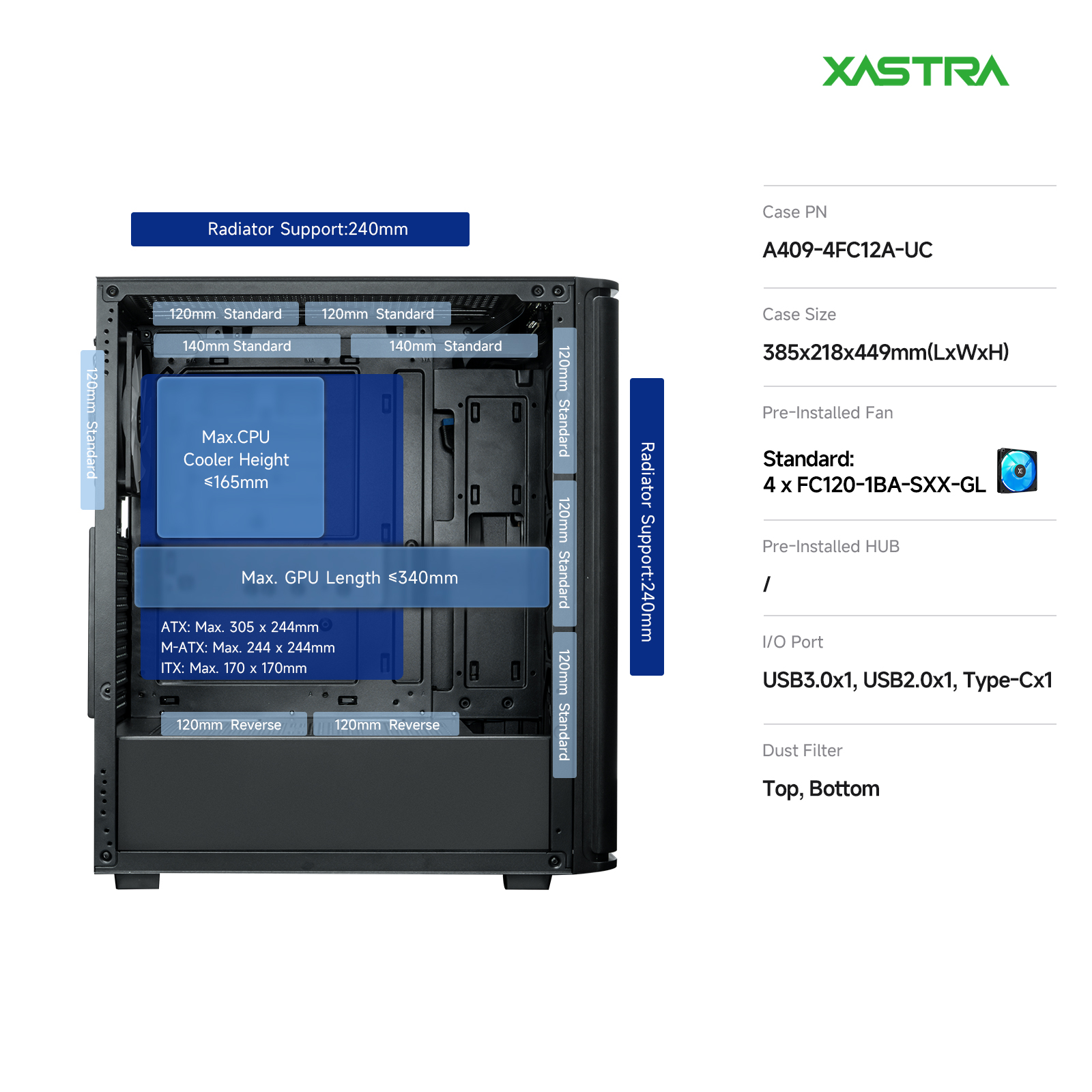 Корпус XASTRA A409 4ARGB Black (A409-4FC12A-UC), без БП, ATX