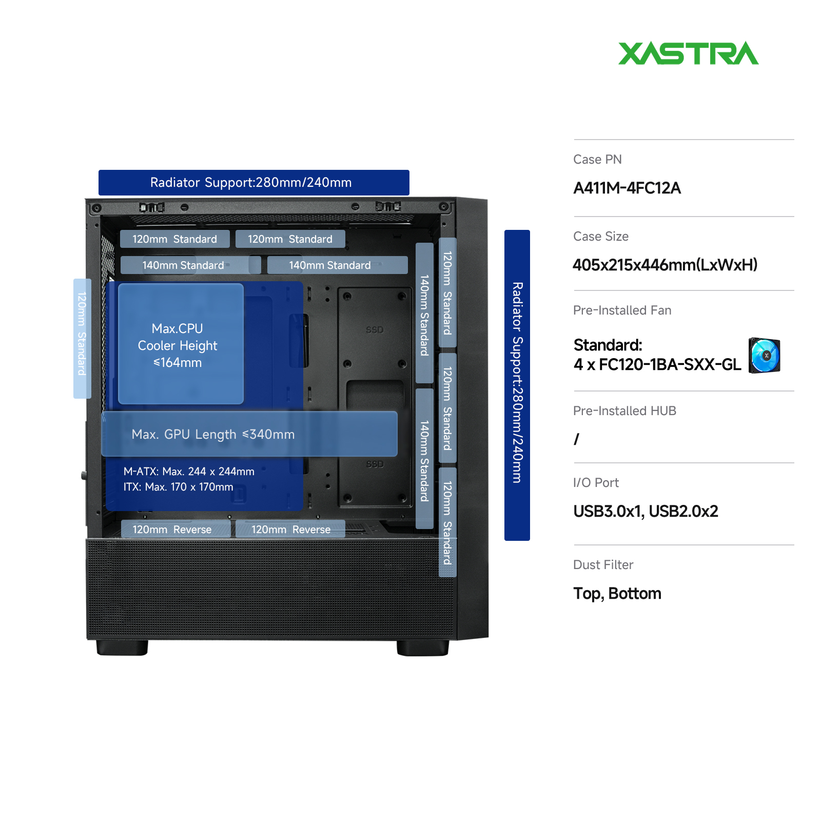 Корпус XASTRA A411M 4ARGB-FC Black (A411M-4FC12A), без БП, mATX