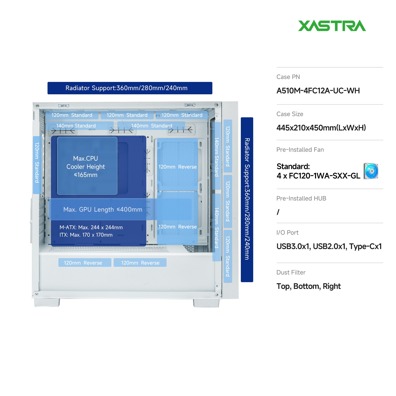 Корпус XASTRA A510M 4ARGB-UC White (A510M-4FC12A-UC-WH), без БП, mATX