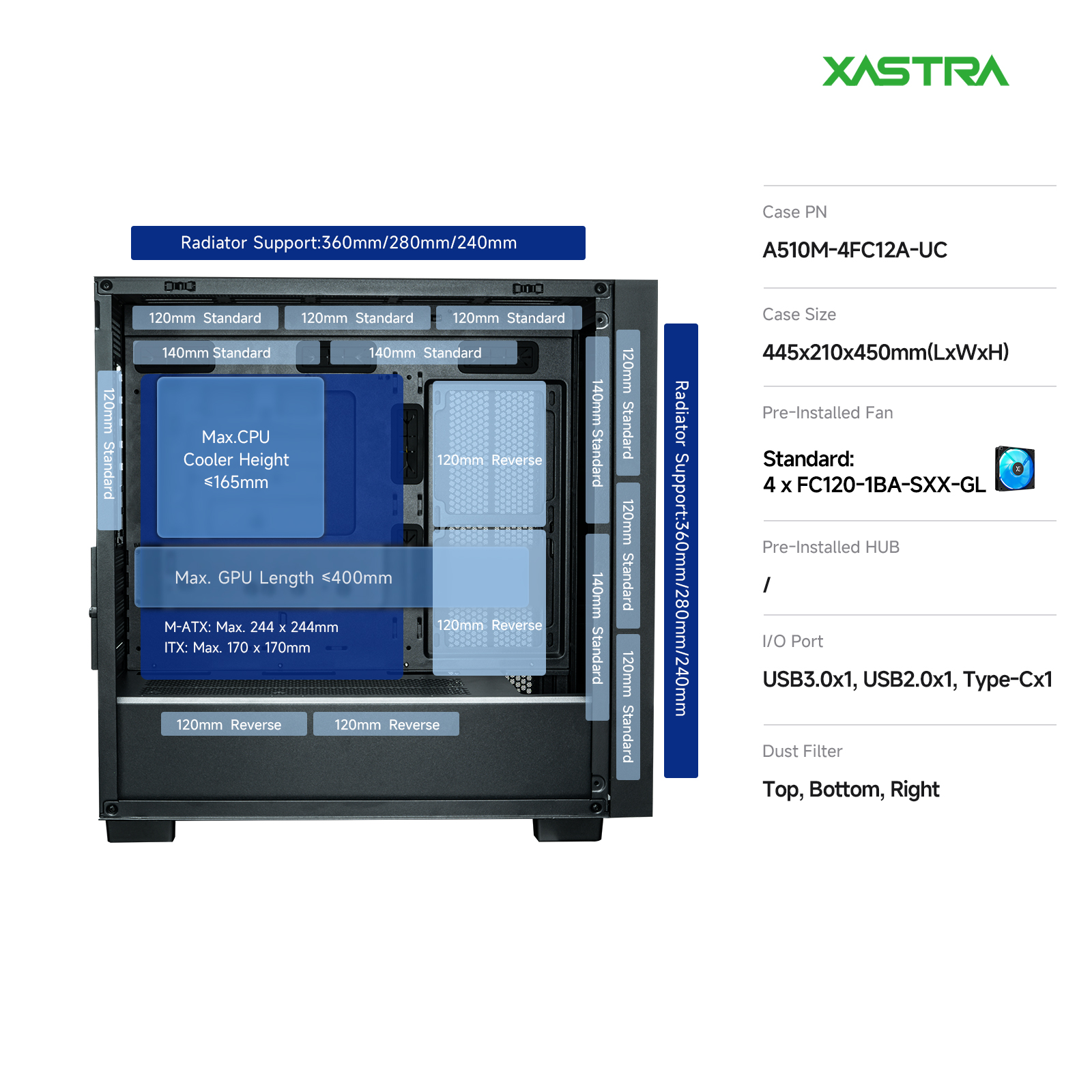 Корпус XASTRA A510M 4ARGB-UC Black (A510M-4FC12A-UC), без БП, mATX