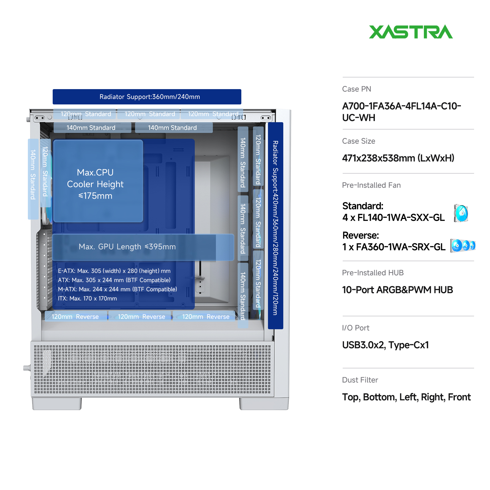 Корпус XASTRA A700 7ARGB-C10-UC White (A700-1FA36A-4FL14A-C10-UC-WH), без БП, E-ATX