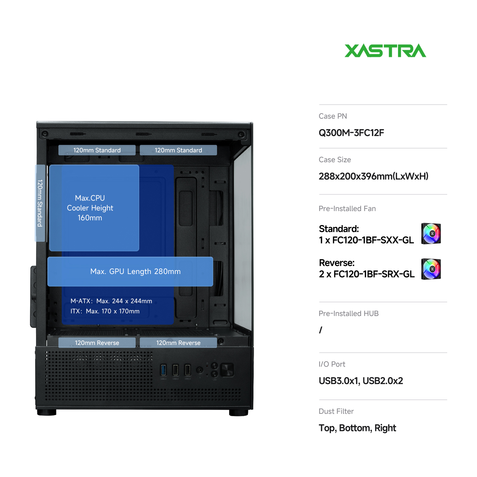 Корпус XASTRA Q300M 3FRGB Black (Q300M-3FC12F), без БП, mATX