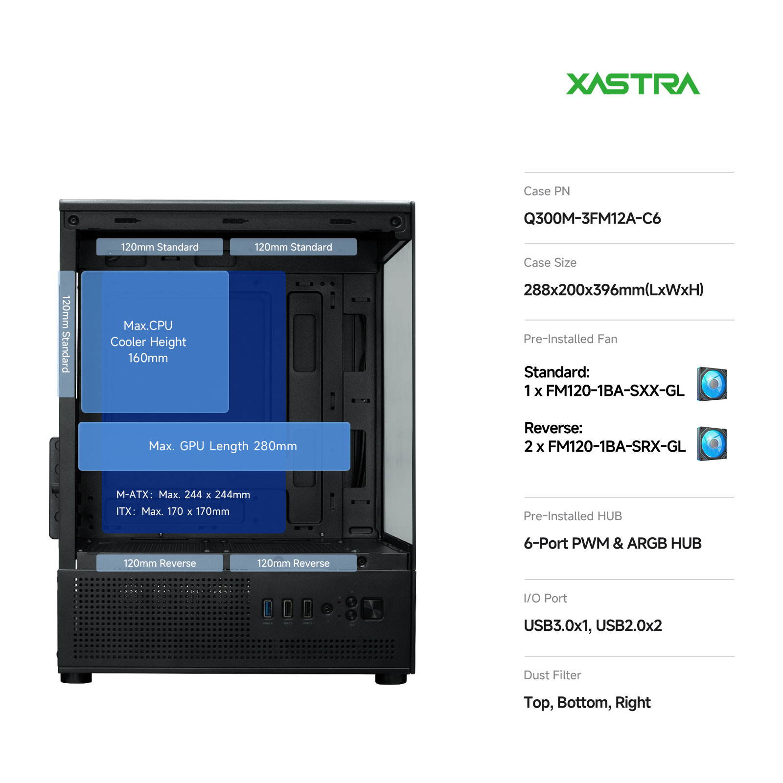 Корпус XASTRA Q300M 3ARGB-C6 Black (Q300M-3FM12A-C6), без БП, mATX